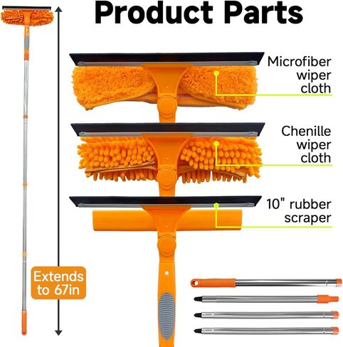 2 in 1 Window Squeegee Cleaner Kit, 67 in Extension Pole, Orange | Squeegee with Extension Pole, Window Washing Equipment with Bendable Head for Indoor & Outdoor High Windows and Car Glass in Kuwait
