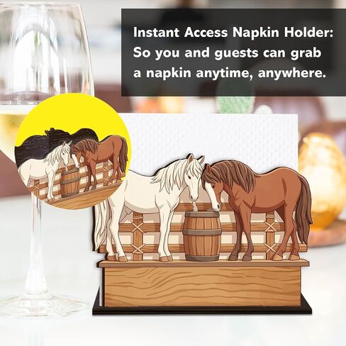 Horse Wooden Napkin Holder, White Brown Western Ranch Mustang Barrel Tissue Dispenser, Western Horse Decor for Table Kitchen Dining Room Party Home in Kuwait
