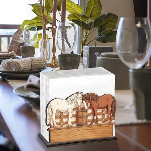 Horse Wooden Napkin Holder, White Brown Western Ranch Mustang Barrel Tissue Dispenser, Western Horse Decor for Table Kitchen Dining Room Party Home in Kuwait