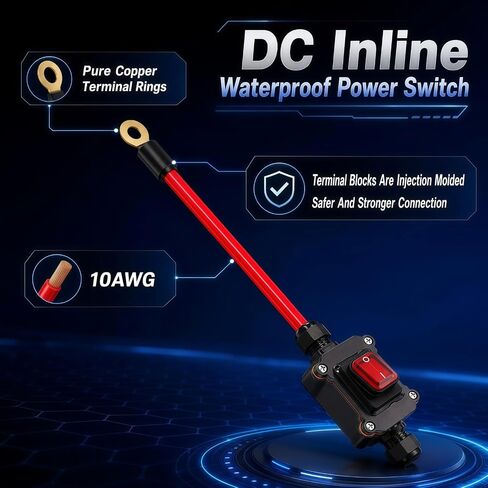 Heavy Duty DC 12V-24V Inline Switch, 25A Waterproof IP67 DPST Battery Disconnect Power Switch with 10 AWG Pure Copper Cable, On/Off Switch for Automotive, Motorcycle, Marine, RV & ATV in Kuwait