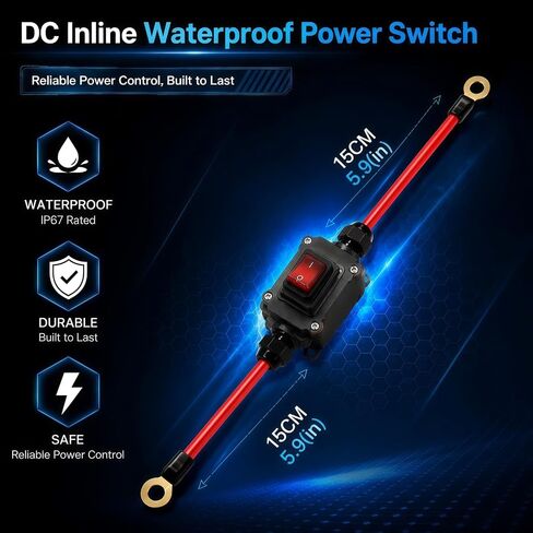 Heavy Duty DC 12V-24V Inline Switch, 25A Waterproof IP67 DPST Battery Disconnect Power Switch with 10 AWG Pure Copper Cable, On/Off Switch for Automotive, Motorcycle, Marine, RV & ATV in Kuwait