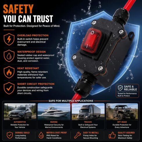 Heavy Duty DC 12V-24V Inline Switch, 25A Waterproof IP67 DPST Battery Disconnect Power Switch with 10 AWG Pure Copper Cable, On/Off Switch for Automotive, Motorcycle, Marine, RV & ATV in Kuwait