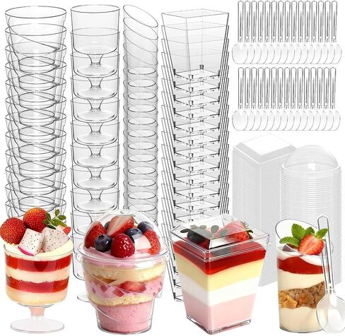 400-Pack 5 oz Dessert Cups with Lids and Spoons, Clear Plastic Parfait & Yogurt Cups, Mini Shooter Cups for Parties, Ice Cream, Pudding, Fruit | Square Appetizer Containers in Kuwait