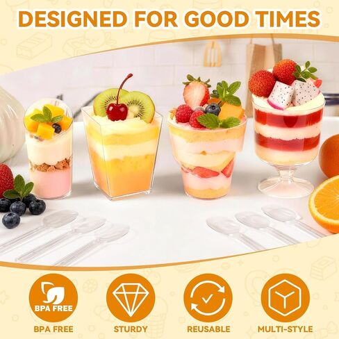 400-Pack 5 oz Dessert Cups with Lids and Spoons, Clear Plastic Parfait & Yogurt Cups, Mini Shooter Cups for Parties, Ice Cream, Pudding, Fruit | Square Appetizer Containers in Kuwait
