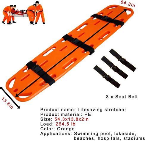 54.3x13.8x1.2in Water Rescue Stretcher, Lifeguard Emergency Life-Saving Board with 3 Seat Belt and Spider Straps, First Responder Backboard Spine Boards(Orange) (Orange 54.3x13.8x2‘‘) in Kuwait