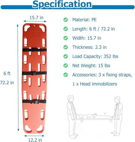 Emergency Spine Board Stretcher - 6ft Lightweight Lifeguard Backboard with Straps for Patient Transport & Immobilization - Essential First Aid Rescue Equipment, Orange Color in Kuwait