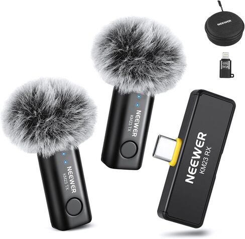نظام ميكروفون لاسلكي NEEWER Lavalier، 1x مستقبل USB C مع محول OTG و2X جهاز إرسال مكثف متعدد الاتجاهات لإلغاء الضوضاء متوافق مع iPhone 16 Pro Max S24 Ultra، KM23 in Kuwait