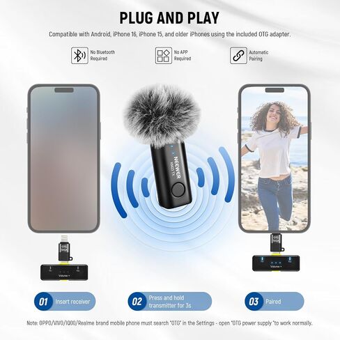 نظام ميكروفون لاسلكي NEEWER Lavalier، 1x مستقبل USB C مع محول OTG و2X جهاز إرسال مكثف متعدد الاتجاهات لإلغاء الضوضاء متوافق مع iPhone 16 Pro Max S24 Ultra، KM23 in Kuwait
