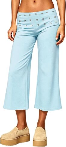 سراويل غاوتشو مرصعة عتيقة للنساء ببرشام قابلة للطي فوق كابريس اليوغا 90s واسعة الساق مقصوصة من غاوتشو in Kuwait