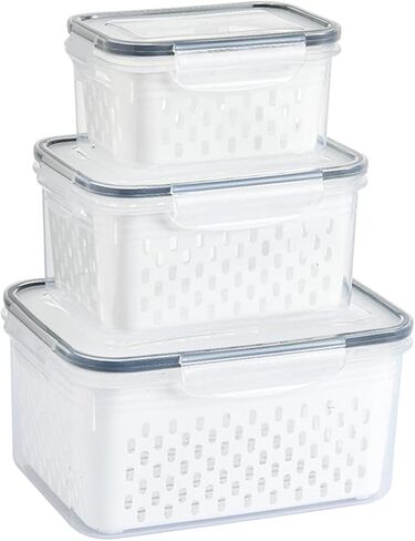 Srliya Pack of 3 Drain Storage Basket, Transparent LeakProof Food Storage Containers with Removable Strainer for Refrigerator in Kuwait