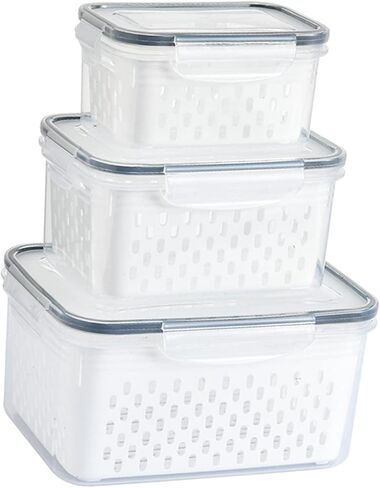Srliya Pack of 3 Drain Storage Basket, Transparent LeakProof Food Storage Containers with Removable Strainer for Refrigerator in Kuwait