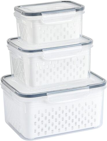 Srliya Pack of 3 Drain Storage Basket, Transparent LeakProof Food Storage Containers with Removable Strainer for Refrigerator in Kuwait