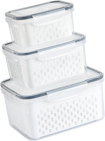 Srliya Pack of 3 Drain Storage Basket, Transparent LeakProof Food Storage Containers with Removable Strainer for Refrigerator in Kuwait