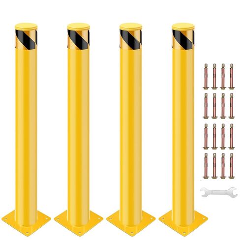 2 Packs 24-Inch Safety Bollard Posts, 4.5" Diameter Heavy-Duty Steel Bollards with 8" Square Base & Reflective Tape, Powder-Coated Yellow Traffic Barriers for Storefronts, Construction Zones, and Pede in Kuwait
