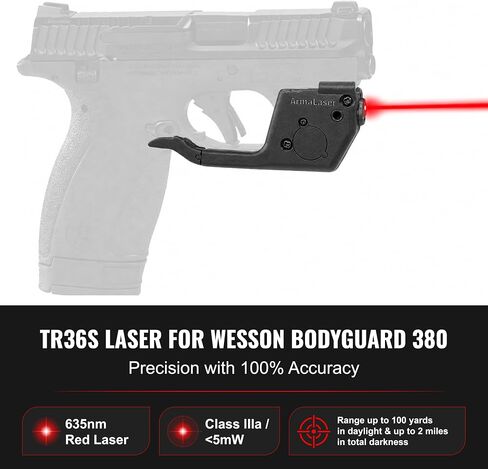 جهاز رؤية الليزر الأحمر ArmaLaser TR36S (يناسب Smith and Wesson Bodyguard 2.0 فقط) لا يناسب Bodyguard 380، M وP 380 Shield EZ، معتمد من الفئة IIIA in Kuwait
