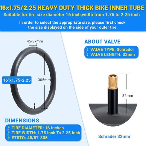 BiAnYC 2Pcs Heavy Duty 16 inchx1.75/1.95/2.0/2.10/2.125/2.25 Bike Tubes,Schrader Valve 32 mm,Suitable for Tire Size 16" x1.75-2.25 Mountain,Cruiser,and City Bikes in Kuwait