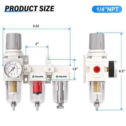 TAILONZ PNEUMATIC 0-150PSI 1/4 Inch NPT Grade 3 Stage Air Drying System, Particulate Filter, 5/0.01 Micron Filter Air Filter Pressure Regulator (Manual Drainage） in Kuwait