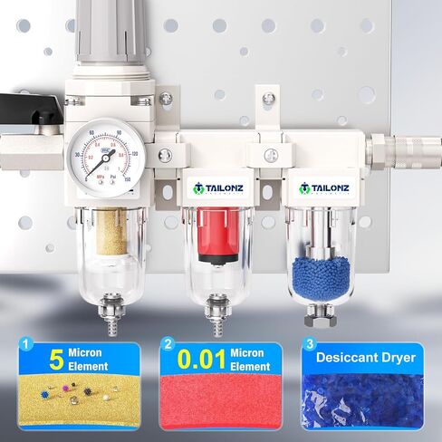 TAILONZ PNEUMATIC 0-150PSI 1/4 Inch NPT Grade 3 Stage Air Drying System, Particulate Filter, 5/0.01 Micron Filter Air Filter Pressure Regulator (Manual Drainage） in Kuwait