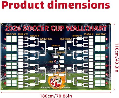 لافتة خلفية لجدول كأس كرة القدم 2026، 180 × 110 سم / 70.86 × 43.3 بوصة لتزيين جدار كأس كرة القدم الوظيفية مع عرض مجموعة رياضية مكونة من 48 فريقًا للمعجبين in Kuwait