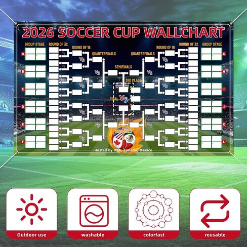 لافتة خلفية لجدول كأس كرة القدم 2026، 180 × 110 سم / 70.86 × 43.3 بوصة لتزيين جدار كأس كرة القدم الوظيفية مع عرض مجموعة رياضية مكونة من 48 فريقًا للمعجبين in Kuwait