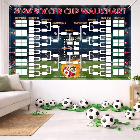 لافتة خلفية لجدول كأس كرة القدم 2026، 180 × 110 سم / 70.86 × 43.3 بوصة لتزيين جدار كأس كرة القدم الوظيفية مع عرض مجموعة رياضية مكونة من 48 فريقًا للمعجبين in Kuwait