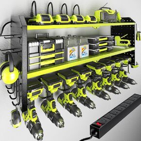 KAFAHOM Power Tool Organizer with Charging Station, Built in 8 Outlet Power Strip, Drill Holder Wall Mount With 2 Side pegboards, Heavy Duty Metal Tool Shelf for Garage Organization-Black