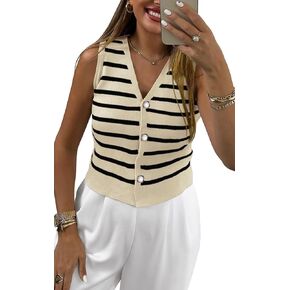 Striped Sweater Vest Women Summer Sleeveless V Neck Button Up Knit Vests Tank Tops