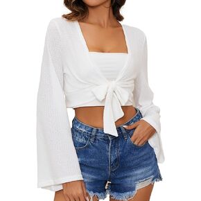 YYA Women's Tie Front Cardigan Shrug Sweater Long Sleeve Knotted Lightweight Short Shawl Top S-XL