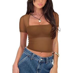 REORIA Women's Sexy Square Neck Short Sleeve Sheer Mesh Slim Fit 2024 Trendy Going Out Crop Tops