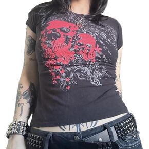 Women Y2K Graphic T-Shirts Summer Short Sleeve Punk Gothic Tee Tops Vintage 90s Aesthetic Emo Clothes Streetwear