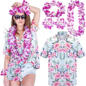 Cozypower 5 Pcs Summer Hawaii Shirts Accessories Set V Neck T Shirt Short Sleeve Luau Flower Leis Necklace Bracelets Headband