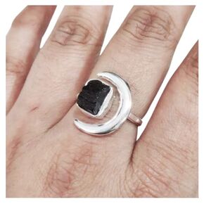 Natural Black Tourmaline Ring, Rough Tourmaline Crescent Moon Adjustable Ring, October, 925 Sterling Silver, Womens Ring, Christmas, Handmade, Statement Jewelry, Raw Gemstone Jewelry (10)