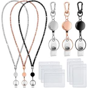 Lanyards for Id Badges 9 in 3 Set Bling Badge Lanyard with Id Badge Holder Retractable Crystal Teacher Lanyards Retractable Keychain Cruise Ship Lanyards for Women