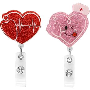 2PCS Heart Cardiac Badge Reel Holder, Retractable Strap Cute Pink Glitter Sparkly Alligator Clip for Nursing ID Name Tag Card, Office Nurse, Mental Health Medical Assistant Student Doctor, Decorations