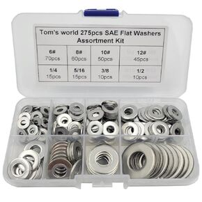 Tom's world 275Pcs 6# 8# 10# 12# 1/4 5/16 3/8 1/2 SAE Flat Washers 304 Stainless Steel Washers Assortment Set for Screws Bolts