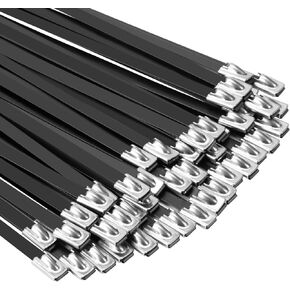 Metal Zip Ties Black 18 inch 290LB 50pcs Heavy Duty 304 Stainless Steel Epoxy Coated Locking Cable Exhaust Wrap Multi Purpose Binding for Machinery, Vehicles, Farms, Cables, Pipes,Fence