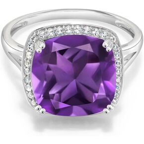 Gem Stone King 10K White Gold Customized and Personalized 10MM Cushion Cut Gemstone Birthstone and White Created Sapphire Ring For Women
