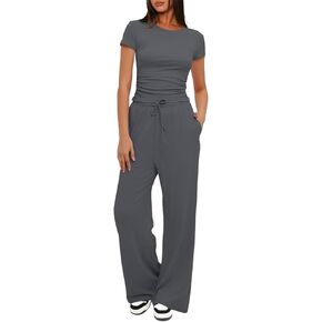 Narecte Women's 2 Piece Outfits Lounge Sets 2024 Ruched Short Sleeve Tops with Wide Leg Pants Summer Tracksuit Sets