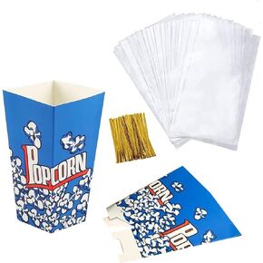 Popcorn Boxes 50PCS Popcorn Box Containers Cardboard Candy Boxes With Clear Popcorn Box Bags Popcorn Tubs Treat Boxes for Party Carnival Decorations (Yellow+Clear Bags, 3.5x2.2x6.3inch)