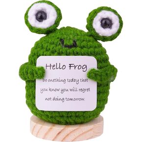 MuMyer Handmade Emotional Support Frog, Funny Postive Crochet Frog Doll Car Dashboard Decoration Inspirational Gift with Wooden Base for Car Home Office(Rose)