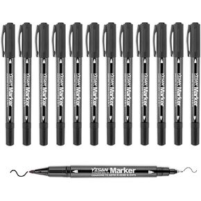 YISAN Permanent Markers Ultra Fine Point, Black,Twin Tip,Dual Tip, for Glass, Plastic,Wood,Stone,12 count,70788