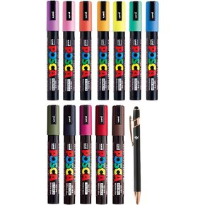Uni Paint Marker Mitsubishi Poster Color 12 Marking Pen Medium Point PC-5M 7 Natural & 5 Dark Colors Set With Original Stylus Ballpoint Touch Pen