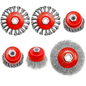 6 Pack Wire Wheel Cup Brush, 3"/4" Coarse Crimped Wire+Knotted Wire Cup Brush, 5/8 Inch-11 Threaded Arbor, for 4 1/2 Heavy-Duty Rust, Heavy Cleaning Rust Stripping Abrasive
