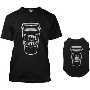 قميص I Need Coffee/I'm A Latte to التعامل مع قميص كلب متطابق وتي شيرت نسائي (أسود، مقاس متوسط ​​للسيدات/X-Small Dog)
