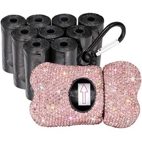 SAVORI Dog Poop Bag Holder Bling Rhinestone Poop Bag Leash Dispenser for Pet Dog Doggy Waste Bags with Metal Carabiner Clip Includes 10 Roll 150 Bags (AB)
