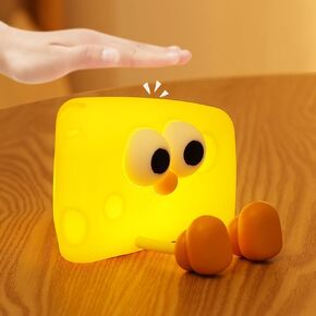 Lewondr Cute Cheese Night Light, Nightlight with Timer & 2 Brightness, Silicone Squishy Touch Lamp Rechargeable Tap Table Lamp for Men Room, Bedside, Yellow