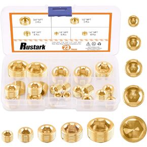 Rustak 6 Pcs 3/4" Brass Pipe Plugs, NPT Brass Pipe Fitting, Internal Hex Thread Socket Plug Kit for Water Pump Ports, Oil Sender Holes, Engine Block