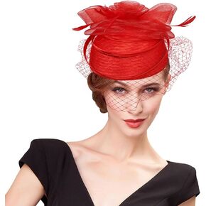 F FADVES Vintage Fascinator Hat Feather Mesh Face Veil Church Derby Wedding 20s 50s Hat Cocktail Tea Party Pillbox Hat