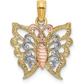 Solid 14k Tri Three Color Gold BUTTERFLY Cut-Out Charm Pendant - 17mm x 14mm