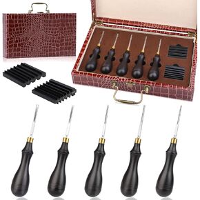 TLKKUE Leather Trimming Tools, 5 PCS of Leather Edge Beveler Skiving Kit with Sandalwood Handle, 2 Sharpener Guide for Leather Cutter Head, Different Sizes Trimming Leather Edges for DIY Leather Craft